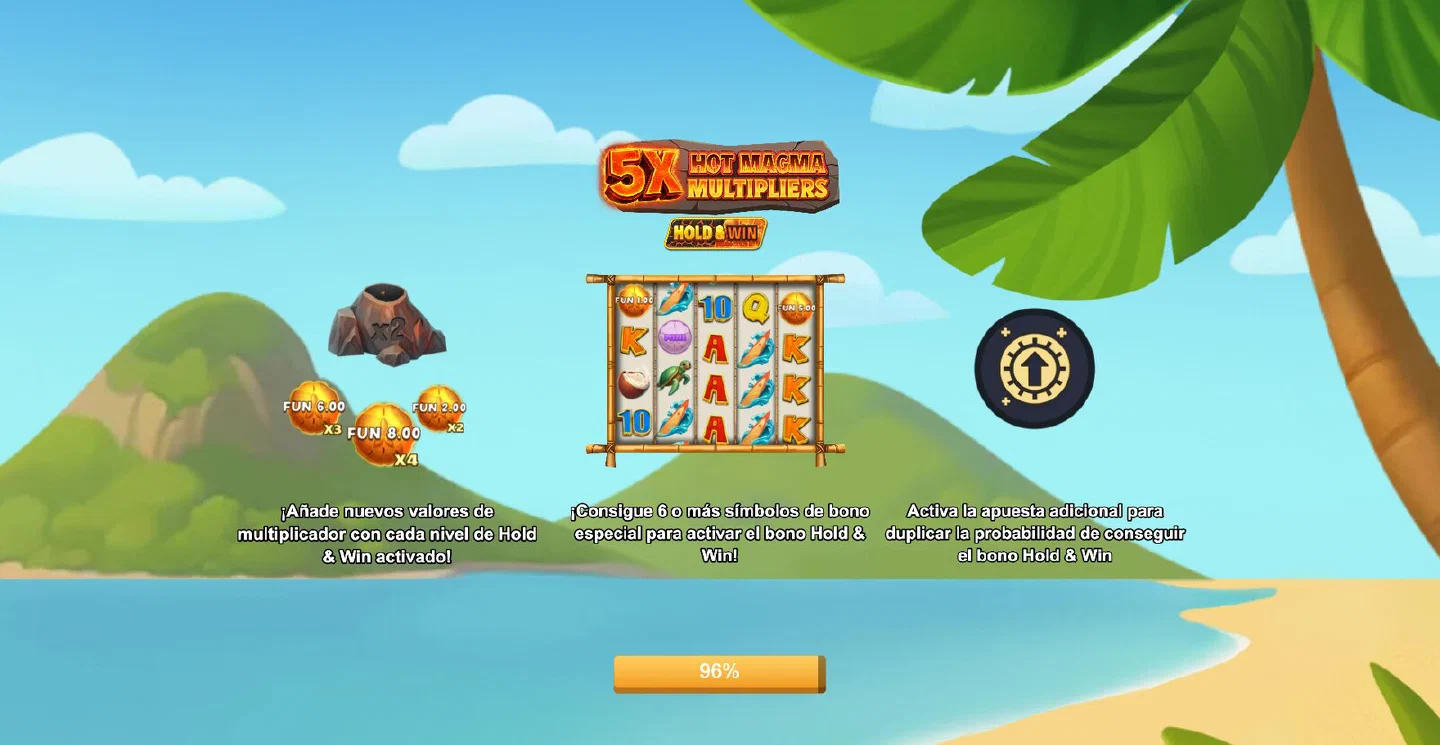 Pantalla de bienvenida de la demo en español con los tres avisos del juego: multiplicadores, 6 símbolos de bono y apuesta adicional
