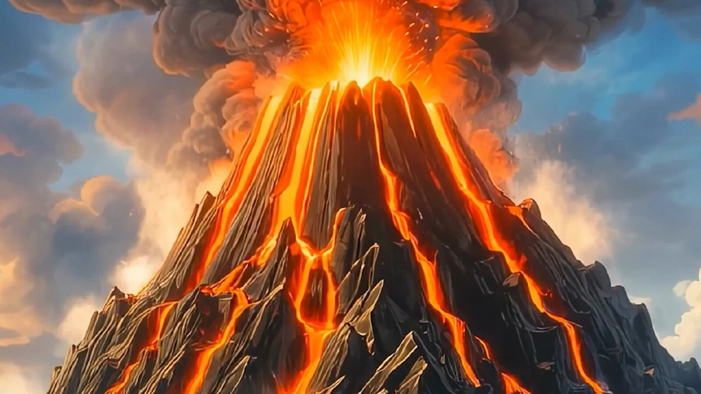 Volcán en plena erupción con ríos de lava y una columna de ceniza, la imagen promocional de 5x Hot Magma Multipliers