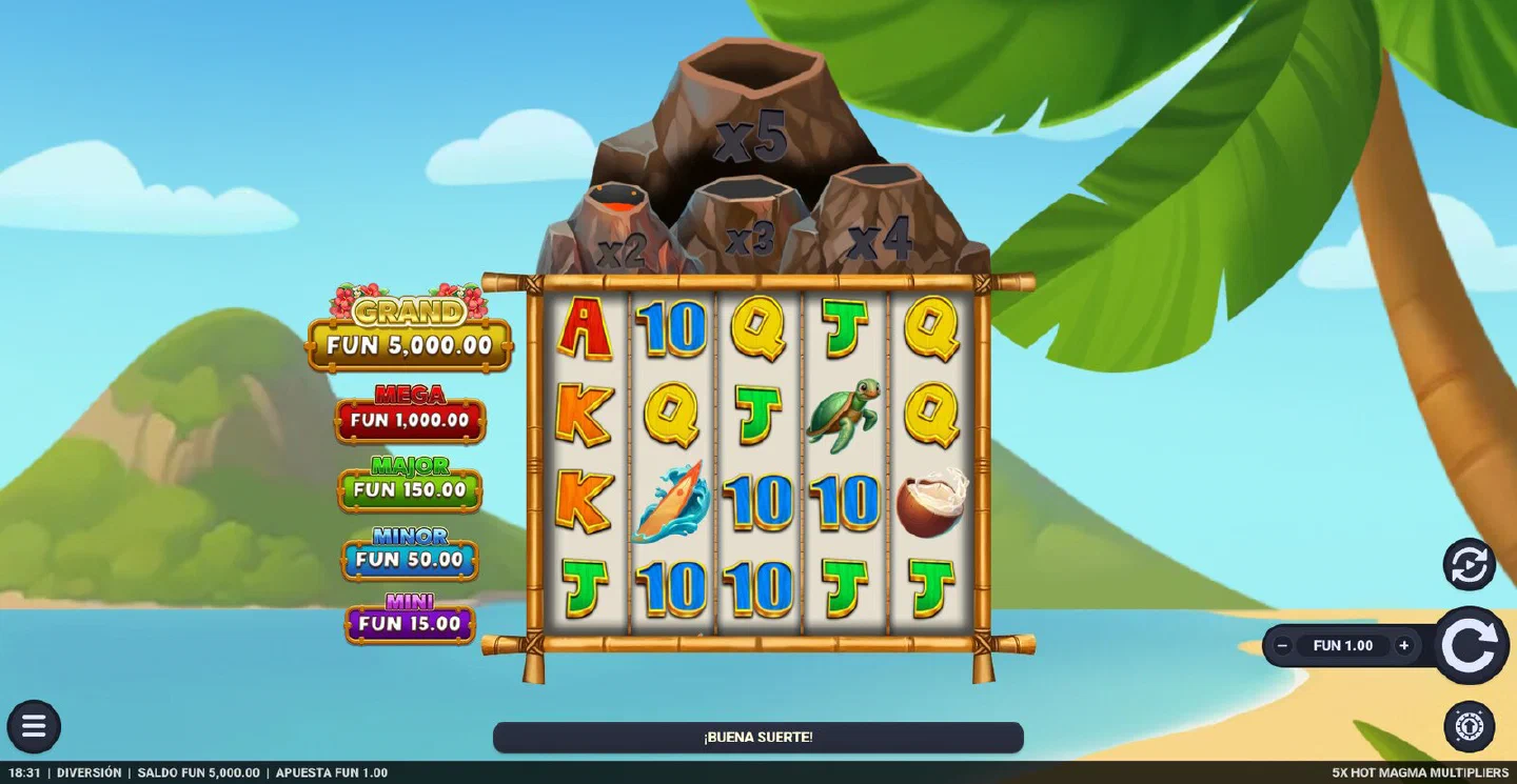 La rejilla de 5 rodillos x 4 filas de 5x Hot Magma Multipliers con los cuatro volcanes sobre los rodillos