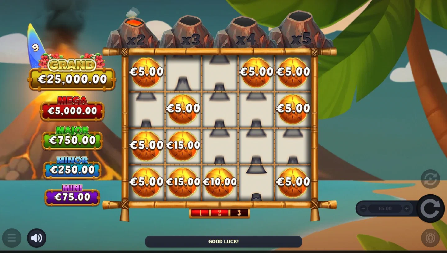 Ronda de Hold & Win con monedas pegadas al tablero, la escalera de premios a la izquierda y el contador de regiros 1-2-3 bajo la rejilla